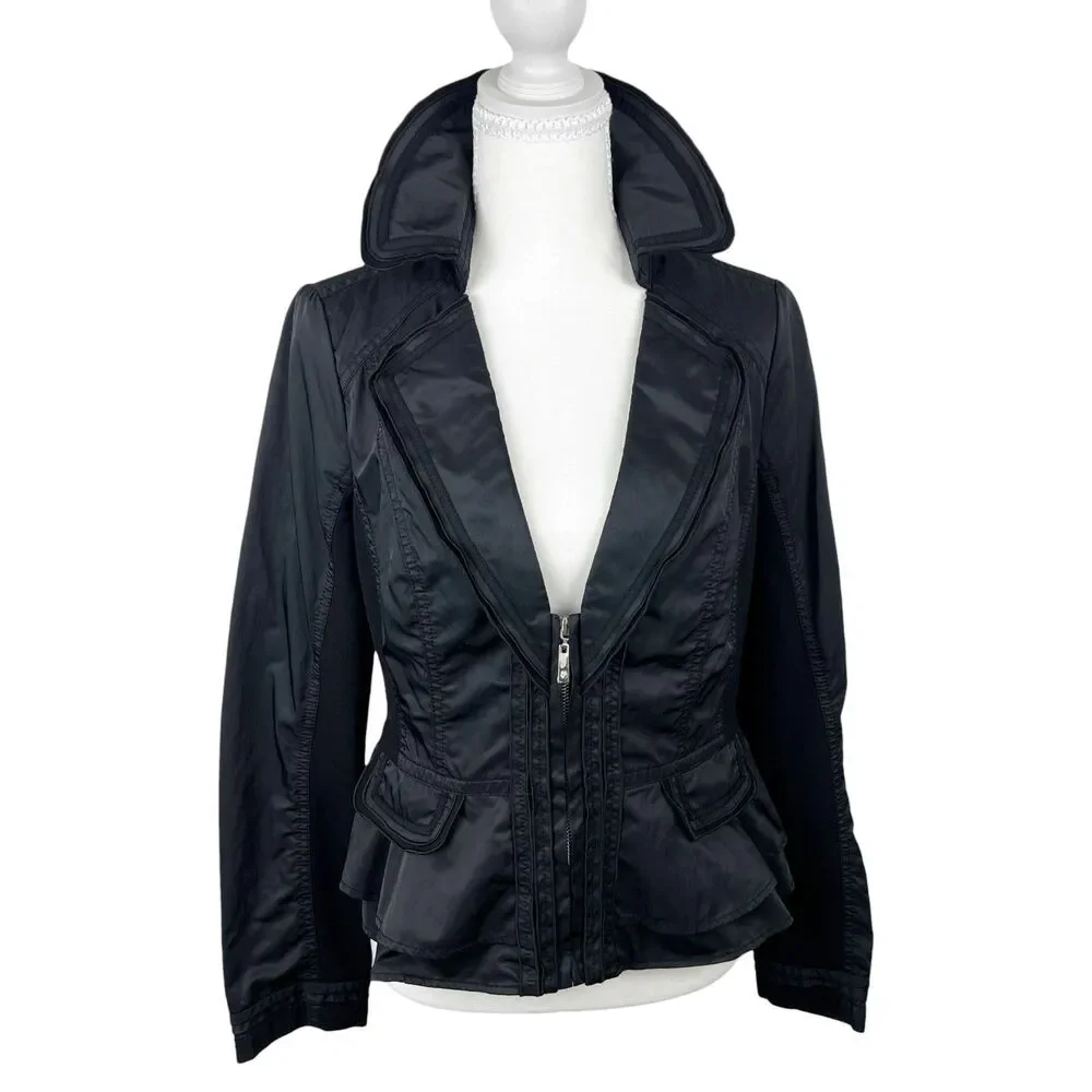 White House Black Market Blazer Women 8 Black Zip Long Sleeve Jacket Mixed Media